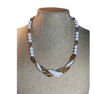 Vintage White & Gold Beaded Statement Necklace Elegant Art Deco Inspired Jewelry